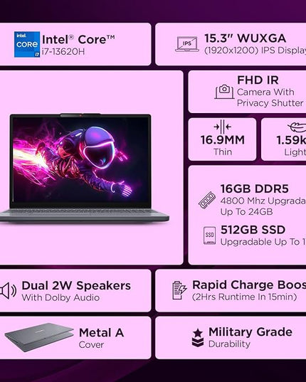 Lenovo IdeaPad Slim 3 13th Gen Core i7-13620H 15.3 inch (38.8cm) WUXGA IPS Laptop (16GB RAM/512GB SSD/Windows 11/MSO 365 Basic+Office 2024/Top Metal Cover/Backlit KB/1Yr ADP/Grey/1.6Kg), 83K1016UIN