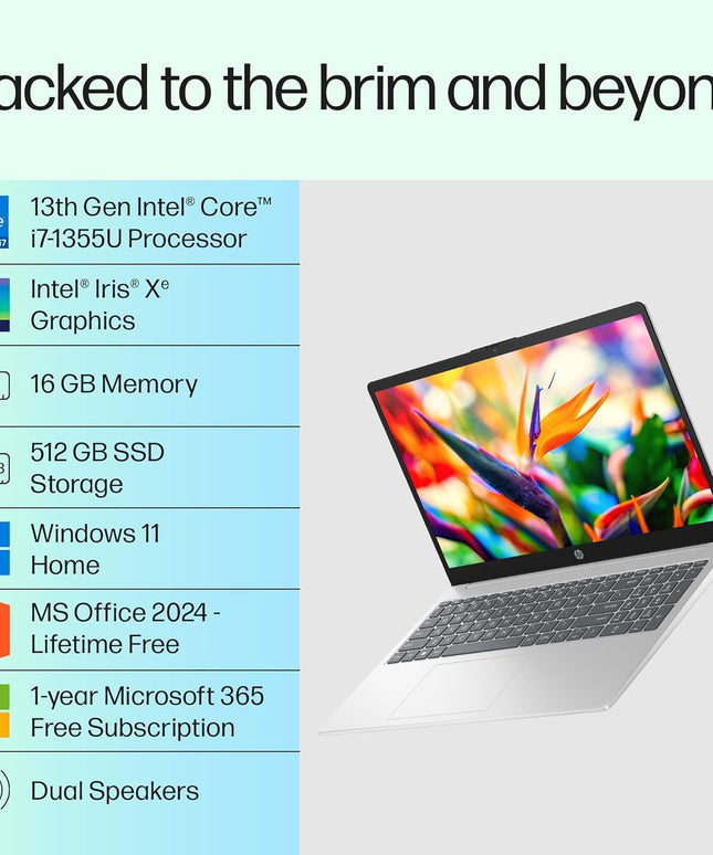 HP 15,13th Gen Intel Core i7-1355U Laptop,(16GB DDR4, 512GB SSD) Antiglare, 15.6’’/39.6cm, FHD, Win11, M365 Basic(1yr), Office Home 24, Silver, 1.59kg, Iris Xe, FHD Camera w/Shutter, Backlit, fd0468tu