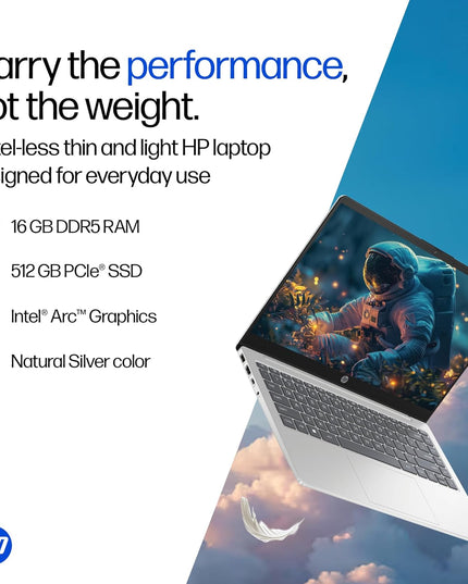 HP 14, Intel Core Ultra 5 125H (16GB DDR5, 512GB SSD), Micro-Edge, Anti-Glare, FHD, 14''/35.6cm, Win11, M365* Office24, Silver, 1.4kg, ep1150TU, FHD Camera, Backlit Laptop