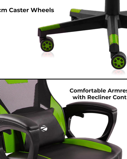 ZEBRONICS GC1400 Gaming Chair with 360° Swivels & Casters, 90°-125° Backrest Angle, Heavy Duty Base & Frame, Class 3 Gas Lift, Spacious Seat, Neck/Head Cushion (Green)