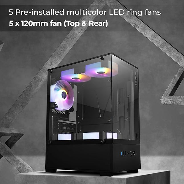 ZEBRONICS ICEBERG Premium Gaming Chassis with support for mATX | Mini ITX, Wraparound Tempered Glass, 120mm Multicolor LED Ring Fans, Top Magnetic Dust Filter, 5 Fans Included (Black)