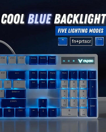 RAPOO V500PRO Blue White Edition Full Size Mechanical USB-a Gaming Keyboard Spill Resistant, Blue Switches, Anti-Ghosting, Blue Lighting, Aluminium Alloy, Windows/macOS/PC/Laptop