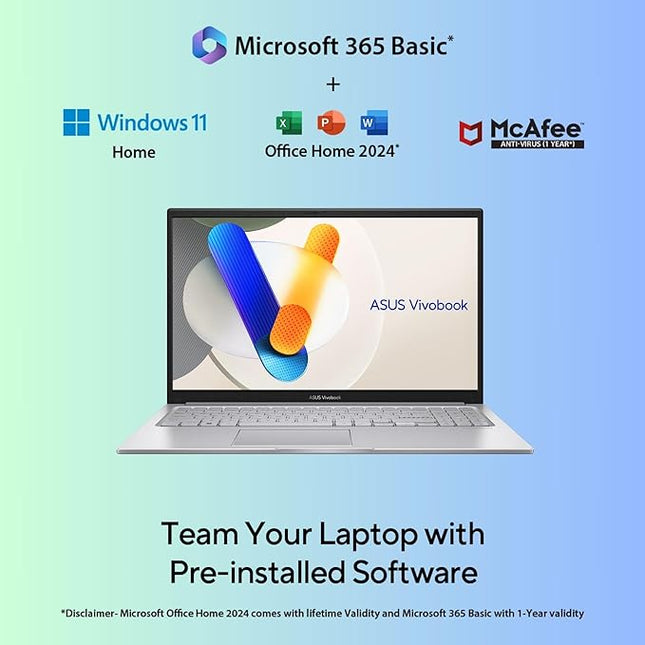 ASUS Vivobook 15, 13th Gen, Intel Core i3-1315U, 16GB RAM, 512GB SSD, FHD, Anti-Glare, 15.6", 39.6 cm, Windows 11 Home, M365 Basic(1yr)* Office24, Cool Silver, 1.70 kg, X1504VA-BQ341WS, Laptop
