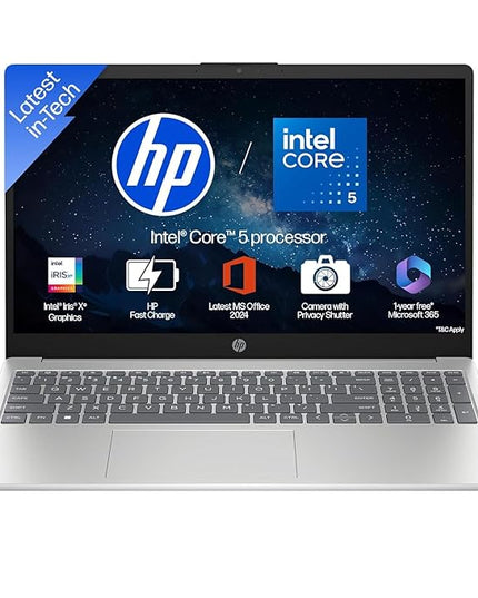 HP 15, Intel Core 5 120U (8GB DDR4, 512GB SSD) FHD, Anti-Glare, Micro-Edge, 15.6''/39.6cm, Win11, M365 Basic(1yr), Offic24, Silver,1.65kg, fd1444TU, FHD Camera w/Privacy Shutter, Backlit Laptop