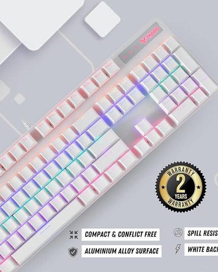 RAPOO V500PRO White Edition Full Size Mechanical USB-a Gaming Keyboard Spill Resistant,Anti-Ghosting, RGB Lighting 5 Modes, Aluminium Alloy, Windows/macOS/PC/Laptop, 2 Years Warranty