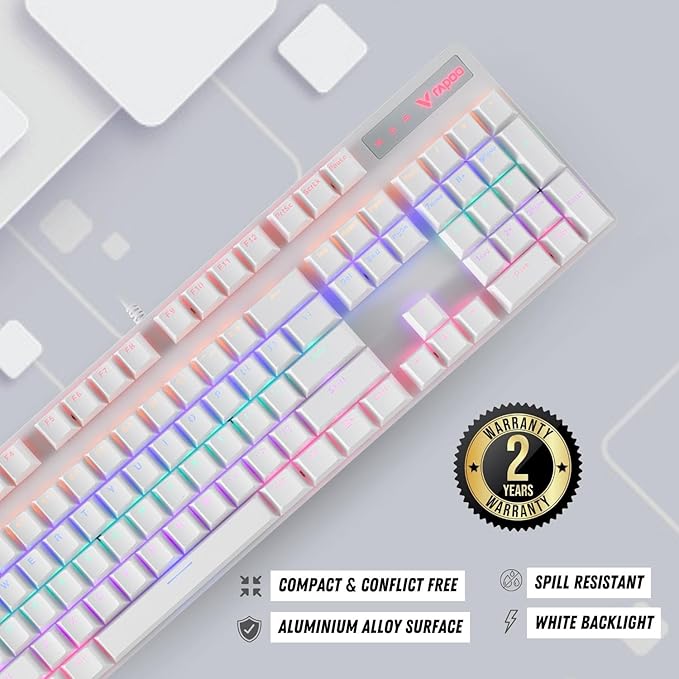 RAPOO V500PRO White Edition Full Size Mechanical USB-a Gaming Keyboard Spill Resistant,Anti-Ghosting, RGB Lighting 5 Modes, Aluminium Alloy, Windows/macOS/PC/Laptop, 2 Years Warranty