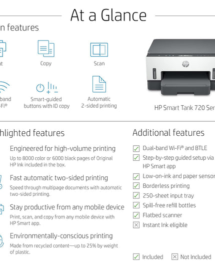 HP Smart Tank 720 All-in-One Auto Duplex WiFi Colour Printer, Print, Scan & Cope for Office,White