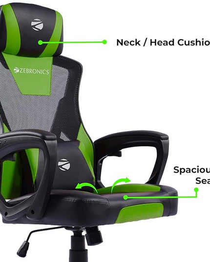 ZEBRONICS GC1400 Gaming Chair with 360° Swivels & Casters, 90°-125° Backrest Angle, Heavy Duty Base & Frame, Class 3 Gas Lift, Spacious Seat, Neck/Head Cushion (Green)