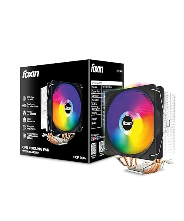 Foxin FCF 004 CPU Cooling Fan with Rainbow LED | CPU Cooler 120mm RGB Fan | Hydramatic Bearing | 1800 RPM | 4 Copper Heat Pipes | 4-Pin | Compatible with Intel LGA1700/115X/1200 & AMD AM2/AM3/AM4/AM5