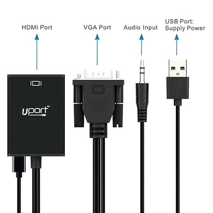 25 cm VGA to HDMI 4K Converter Cable with Audio 1080p, Active Male VGA-HDMI Male Out Lead Video Converter Cord for Computer, Laptop, Projector (VGA to HDMI Cable with Audio, Black)