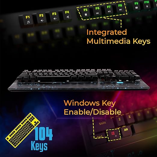 ZEBRONICS Zeb-MAX Chroma Premium Mechanical Gaming Keyboard with 104 Tactile Switch Keys, Wrist Rest, 18 RGB LED Modes, Braided & Gold Plated USB Cable