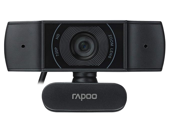 RAPOO C200 720P HD Webcam with Microphone, USB Computer Camera, Dual Noise Reduction Mics, 100° Wide-Angle Lens, Plug & Play, Ideal for Zoom, Skype, Teams, Video Calls, and Conferencing.