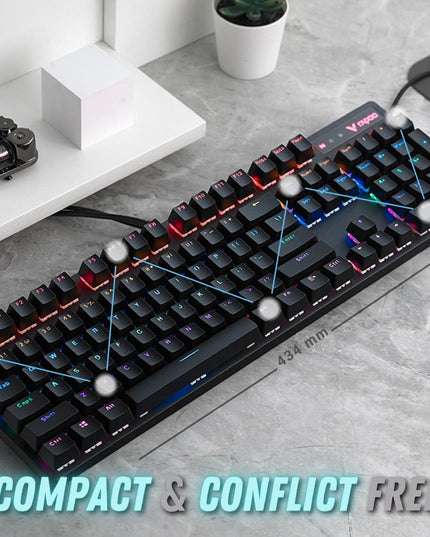 RAPOO V500 PRO Full Size RGB Mechanical USB-A Gaming Keyboard -Spill Resistant, Anti-Ghosting, Conflict Free Design, Compatible with Windows, macOS - Black