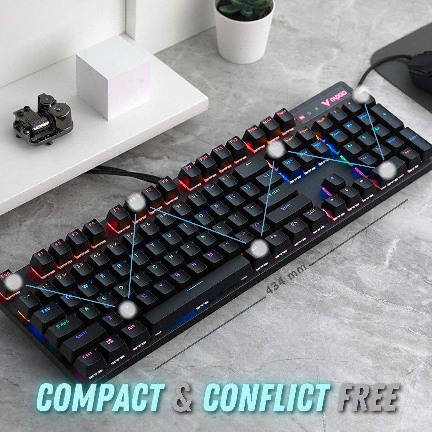 RAPOO V500 PRO Full Size RGB Mechanical USB-A Gaming Keyboard -Spill Resistant, Anti-Ghosting, Conflict Free Design, Compatible with Windows, macOS - Black