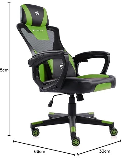 ZEBRONICS GC1400 Gaming Chair with 360° Swivels & Casters, 90°-125° Backrest Angle, Heavy Duty Base & Frame, Class 3 Gas Lift, Spacious Seat, Neck/Head Cushion (Green)