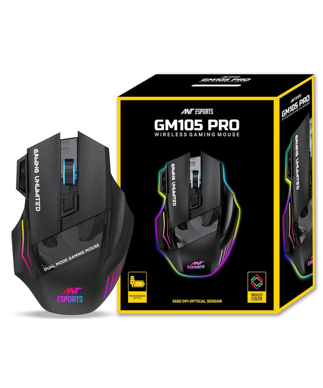 Ant Esports GM105 Pro Wireless Gaming Mouse | 2.4G & BT Dual Mode | 7 Buttons | 3600 DPI | 300mAh Battery | 4000 FPS Sensor| Multicolour RGB LED | USB-C Charging | Lightweight Ergonomic Design_Black