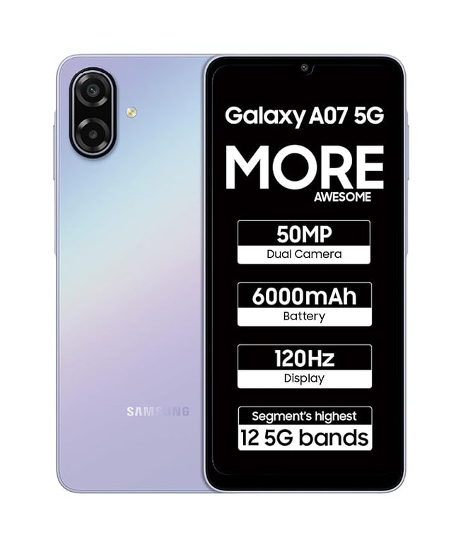 Samsung Galaxy A07 5G Smartphone (Light Violet, 6GB RAM, 128GB Storage) | 120Hz Refresh Rate | Massive 6000mAh Battery | 50MP True Dual Camera | 6 Gen OS Upgrades | Knox Vault