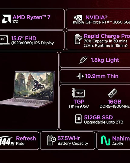 Lenovo LOQ Essential AMD Ryzen 7 170 | NVIDIA RTX 3050 6GB (16GB RAM/512GB SSD/144Hz Refresh Rate/15.6" (39.6cm)/Windows 11/Office Home 2024/3 Mon. Game Pass/Grey/1.8Kg), 83S000CRIN Gaming Laptop