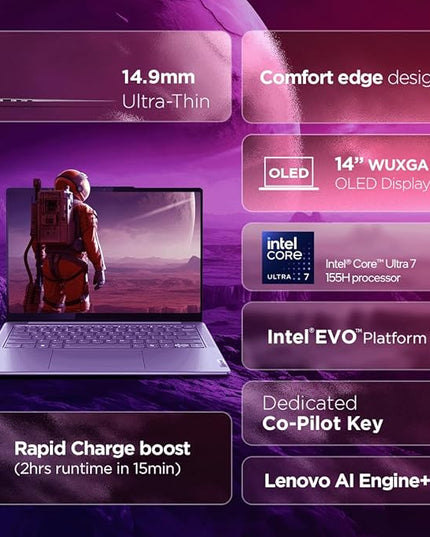 Lenovo Yoga Slim 7 Intel Core Ultra 7 155H 14"(35.5cm) WUXGA-OLED 400Nits Laptop (32GB RAM/1TB SSD/AI PC/2Wx4 Speakers/Windows 11/Office Home 2024/1Yr ADP Free/Grey/1.39Kg), 83CV00D3IN