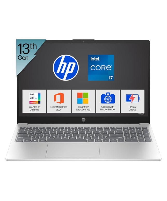 HP 15,13th Gen Intel Core i7-1355U Laptop,(16GB DDR4, 512GB SSD) Antiglare, 15.6’’/39.6cm, FHD, Win11, M365 Basic(1yr), Office Home 24, Silver, 1.59kg, Iris Xe, FHD Camera w/Shutter, Backlit, fd0468tu