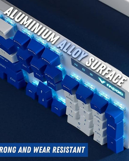 RAPOO V500PRO Blue White Edition Full Size Mechanical USB-a Gaming Keyboard Spill Resistant, Blue Switches, Anti-Ghosting, Blue Lighting, Aluminium Alloy, Windows/macOS/PC/Laptop