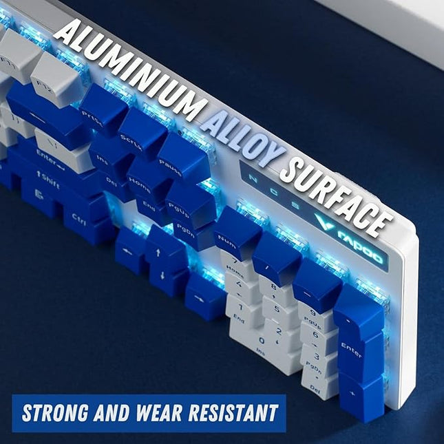 RAPOO V500PRO Blue White Edition Full Size Mechanical USB-a Gaming Keyboard Spill Resistant, Blue Switches, Anti-Ghosting, Blue Lighting, Aluminium Alloy, Windows/macOS/PC/Laptop