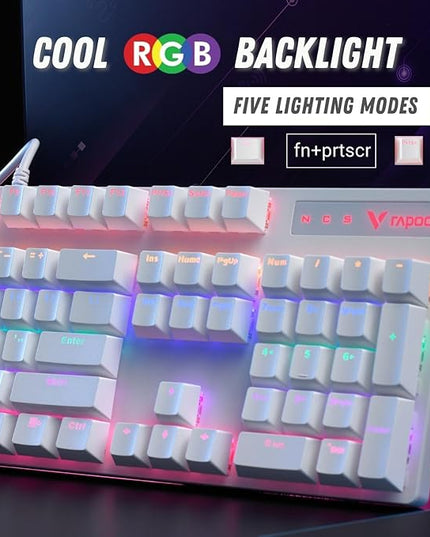 RAPOO V500PRO White Edition Full Size Mechanical USB-a Gaming Keyboard Spill Resistant,Anti-Ghosting, RGB Lighting 5 Modes, Aluminium Alloy, Windows/macOS/PC/Laptop, 2 Years Warranty
