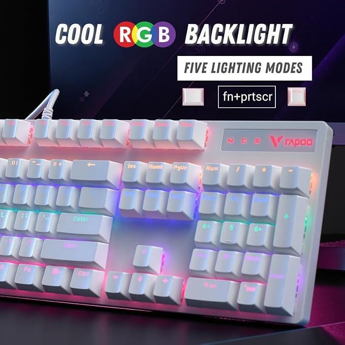 RAPOO V500PRO White Edition Full Size Mechanical USB-a Gaming Keyboard Spill Resistant,Anti-Ghosting, RGB Lighting 5 Modes, Aluminium Alloy, Windows/macOS/PC/Laptop, 2 Years Warranty