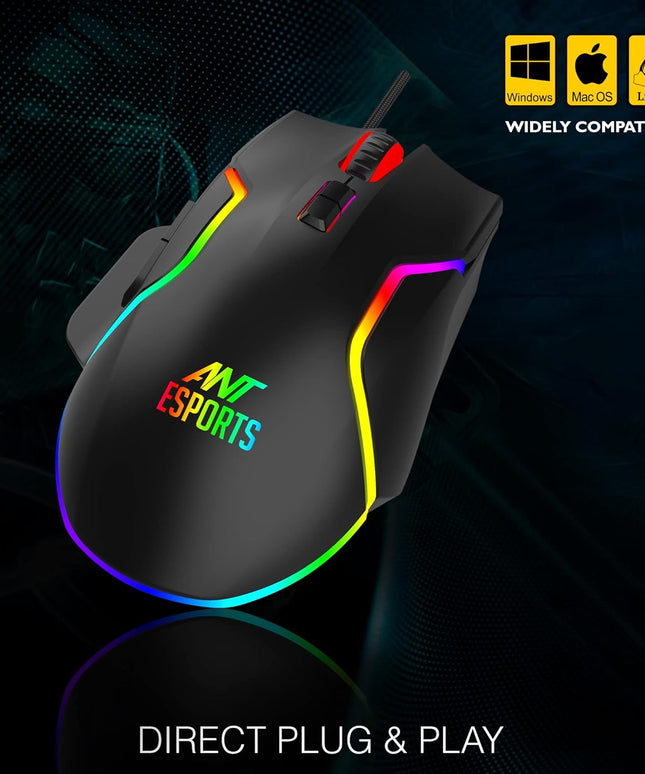 Ant Esports GM320 RGB Optical Wired Gaming Mouse | 8 Programmable Buttons | 12800 DPI I Ergonomic Design with Braided Cable - Black