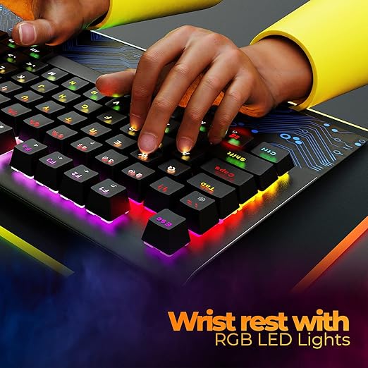 ZEBRONICS Zeb-MAX Chroma Premium Mechanical Gaming Keyboard with 104 Tactile Switch Keys, Wrist Rest, 18 RGB LED Modes, Braided & Gold Plated USB Cable