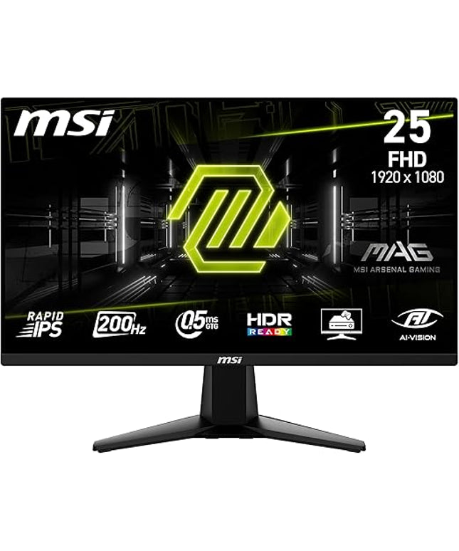 MSI MAG 255F E20 24.5-Inch FHD 1920x1080 Gaming Monitor, 200Hz, 0.5ms, HDR Ready, AMD FreeSync Premium, Eye Care, AI Vision, HDMI 2.0b, DP 1.2a, Frame-Less, Tilt Adjustable, Vesa Mount, Black