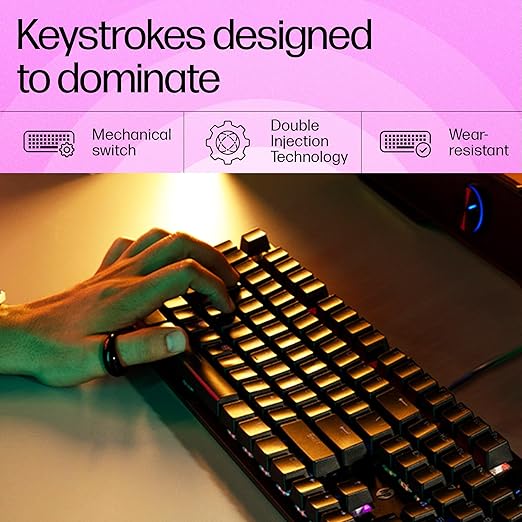 HP GK320 Wired Full Size RGB Backlight Mechanical Gaming Keyboard, 4 LED Indicators, Mechanical Switches, Double Injection Key Caps, and Windows Lock Key, 3 Years Warranty