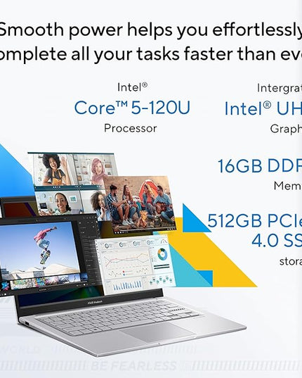 ASUS Vivobook 14, (i5 14th Gen) Intel Core 5 120U, Thin & Light Laptop(16GB RAM/512GB SSD/FHD/14/60Hz/Fingerprint Reader/M365 Basic (1Year)*/Office Home 2024/Cool Silver/1.4 Kg) X1404VAP-EB1541WS