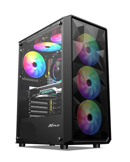Ant Value Tempered_Glass VM41 Mid-Tower Computer Case/Gaming Cabinet - Black | Support ATX, M-ATX, ITX | Pre-Installed 3 Front & 1 Rear Rainbow Fans