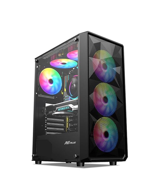 Ant Value Tempered_Glass VM41 Mid-Tower Computer Case/Gaming Cabinet - Black | Support ATX, M-ATX, ITX | Pre-Installed 3 Front & 1 Rear Rainbow Fans