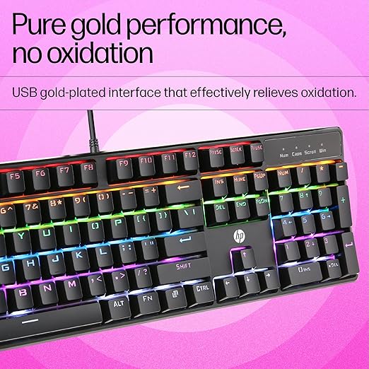 HP GK320 Wired Full Size RGB Backlight Mechanical Gaming Keyboard, 4 LED Indicators, Mechanical Switches, Double Injection Key Caps, and Windows Lock Key, 3 Years Warranty