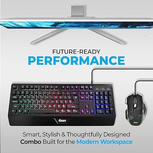 FOXIN Endeavour Gaming Keyboard Mouse Combo Wired | Rainbow Backlight | Breathing LED Mouse with 3600 DPI | Membrane Keyboard