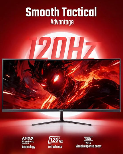 Acer Nitro ED340CUR J0 34 Inch UWQHD Curved Gaming Monitor | 3440x1440 VA Panel | 120Hz (DP) | 1ms VRB | AMD FreeSync Premium | HDR10 | 1500R | 2x HDMI 2.1 + DP 1.4 | Easy Tilt | Speakers | VisionCare