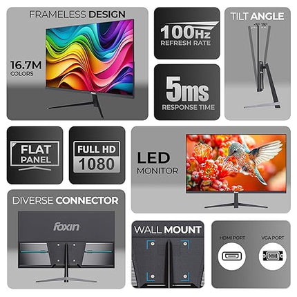 Foxin 24 Inch FHD Flat LED Monitor 1920x1080 Pixel Elite Series | Flat Panel, Built-in Speakers, HDMI & VGA Port, 100Hz Refresh Rate, Frameless, Slim Bezel, Wall Mountable | 3 Years Warranty | Black