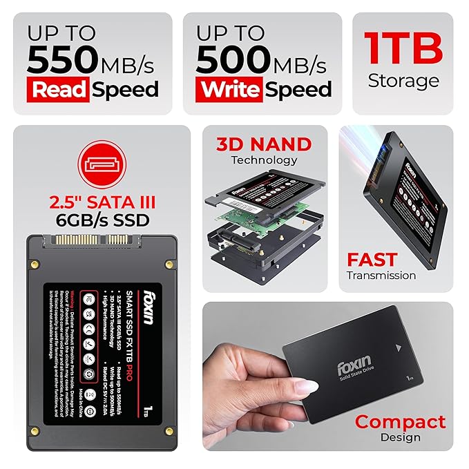 Foxin 1TB PRO SSD | Internal Solid State Drive | 3D NAND Technology & 2.5 Inch SATA III 6GB/S | Read/Write Speed Upto - 550/500 MB/s | Compatible with PC/Desktop/Computer/NVR/DVR | 5 Yrs Warranty