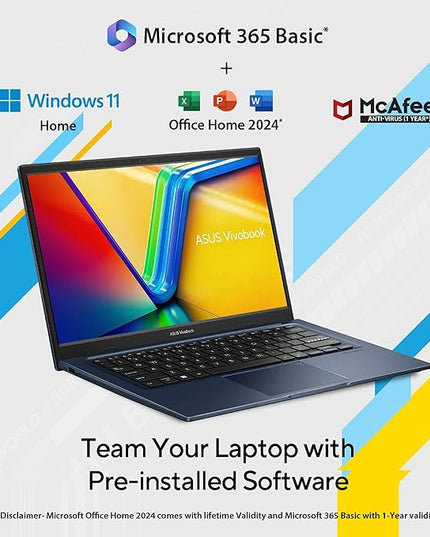 ASUS Vivobook 14, (i5 14th Gen) Intel Core 5 120U, Thin & Light Laptop(16GB RAM/512GB SSD/FHD/14/60Hz/Fingerprint Reader/M365 Basic (1Year)*/Office Home 2024/Quiet Blue/1.4 Kg) X1404VAP-EB1542WS