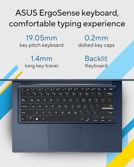 ASUS Vivobook 14, (i5 14th Gen) Intel Core 5 120U, Thin & Light Laptop(16GB RAM/512GB SSD/FHD/14/60Hz/Fingerprint Reader/M365 Basic (1Year)*/Office Home 2024/Quiet Blue/1.4 Kg) X1404VAP-EB1542WS