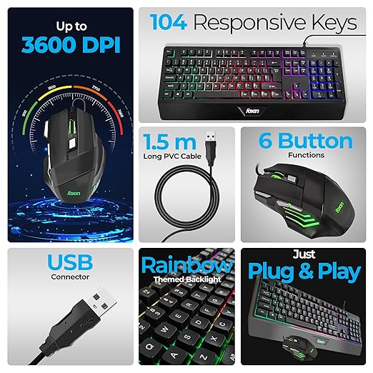 FOXIN Endeavour Gaming Keyboard Mouse Combo Wired | Rainbow Backlight | Breathing LED Mouse with 3600 DPI | Membrane Keyboard