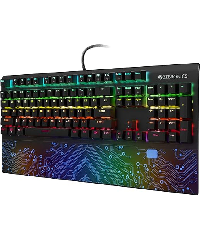 ZEBRONICS Zeb-MAX Chroma Premium Mechanical Gaming Keyboard with 104 Tactile Switch Keys, Wrist Rest, 18 RGB LED Modes, Braided & Gold Plated USB Cable