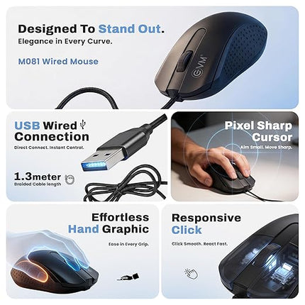 EVM Wired Office Mouse USB | 1000 DPI Optical Mouse | Ergonomic Anti-Slip Computer Mouse for Laptop PC | Smooth Tracking | Plug & Play | 1 Year Warranty (M081)