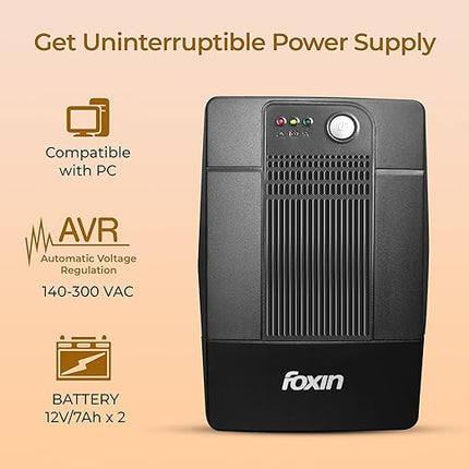 Foxin 1000VA UPS - Uninterrupted Power Supply with Overload Protection, Auto Restart, Generator Compatible, Cold Start & AVR | Ideal for Home PC, Gaming Computer, Laptop | BIS Certified