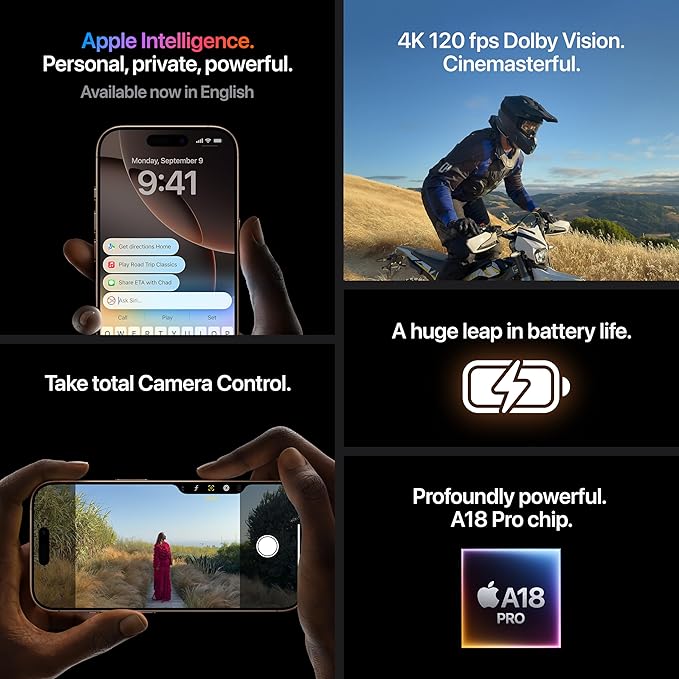 Phone 16 Pro Max 256 GB: 5G Mobile Phone with Camera Control, 4K 120 fps Dolby Vision and a Huge Leap in Battery Life. Works with AirPods; Desert Titanium( PRE ORDER ONLY)