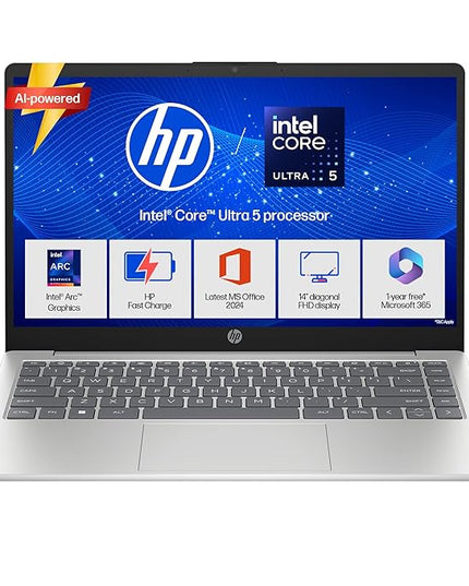 HP 14, Intel Core Ultra 5 125H (16GB DDR5, 512GB SSD), Micro-Edge, Anti-Glare, FHD, 14''/35.6cm, Win11, M365* Office24, Silver, 1.4kg, ep1150TU, FHD Camera, Backlit Laptop