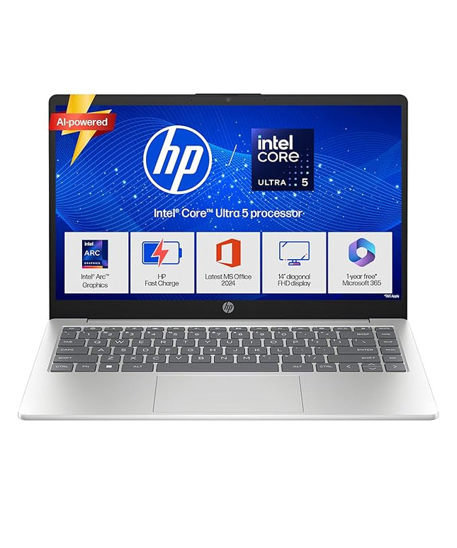 HP 14, Intel Core Ultra 5 125H (16GB DDR5, 512GB SSD), Micro-Edge, Anti-Glare, FHD, 14''/35.6cm, Win11, M365* Office24, Silver, 1.4kg, ep1150TU, FHD Camera, Backlit Laptop