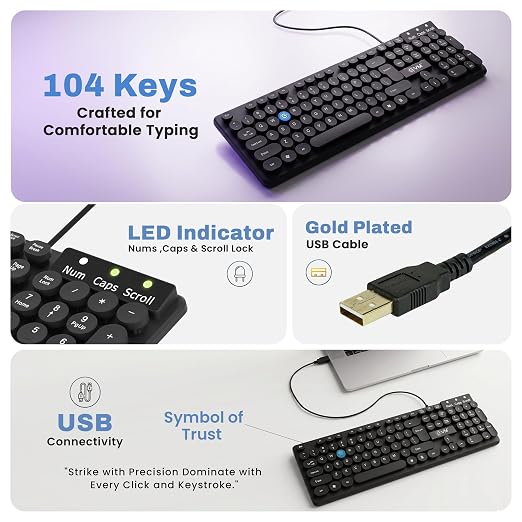 EVM Wired Keyboard USB | 104 Keys Computer Keyboard for Laptop PC | Spill Resistant | Smooth Typing | Ergonomic Design | Plug & Play | 1 Year Warranty(EVM-WDK-315)
